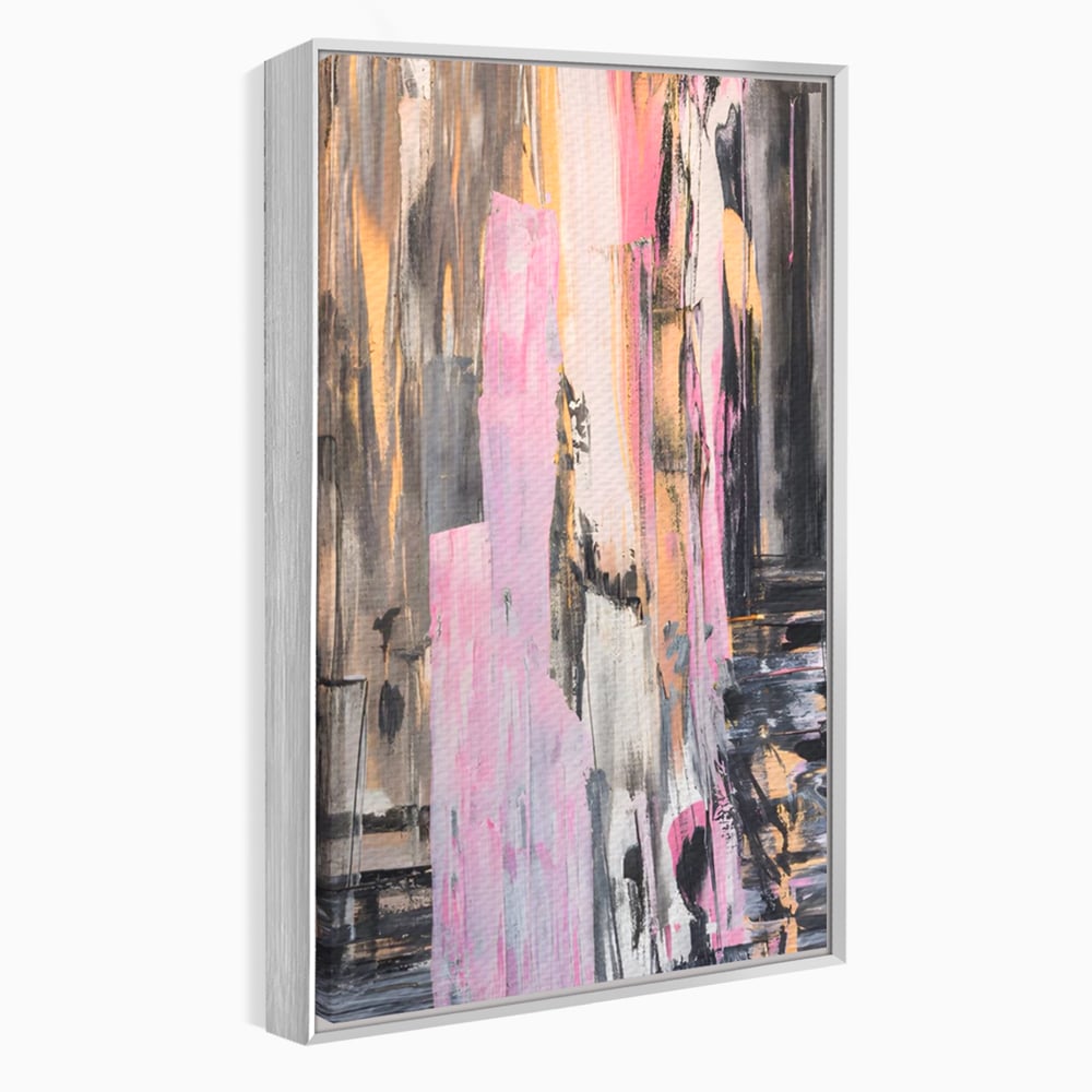 Tablou canvas cu pictura abstracta cu dungi roz, in rama de aluminiu argintiu